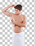 Studio shot of a handsome bare chested young man spraying himself with deodorant isolated on a png background