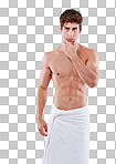 Studio shot of a handsome bare chested young man with his waist wrapped in a towel isolated on a png background