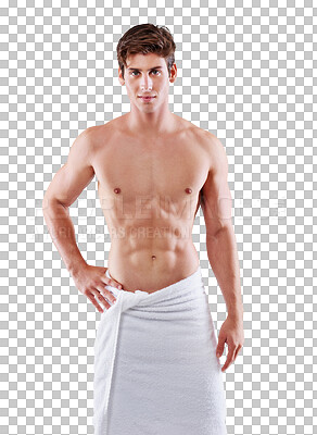 Buy stock photo Towel, abs and portrait of man isolated on a transparent, png background for beauty, skincare and body wellness. Health, hygiene and young person or sexy shirtless model for self care promotion