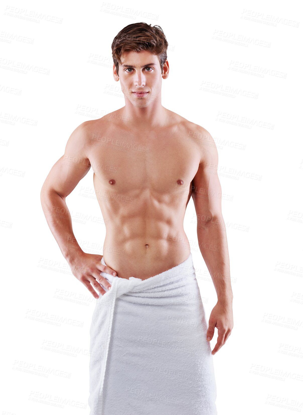 Buy stock photo Towel, abs and portrait of man isolated on a transparent, png background for beauty, skincare and body wellness. Health, hygiene and young person or sexy shirtless model for self care promotion