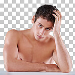 Portrait of a handsome young shirtless man posing isolated on a png background