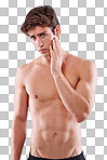 Portrait of a handsome young shirtless man posing in the studio isolated on a png background