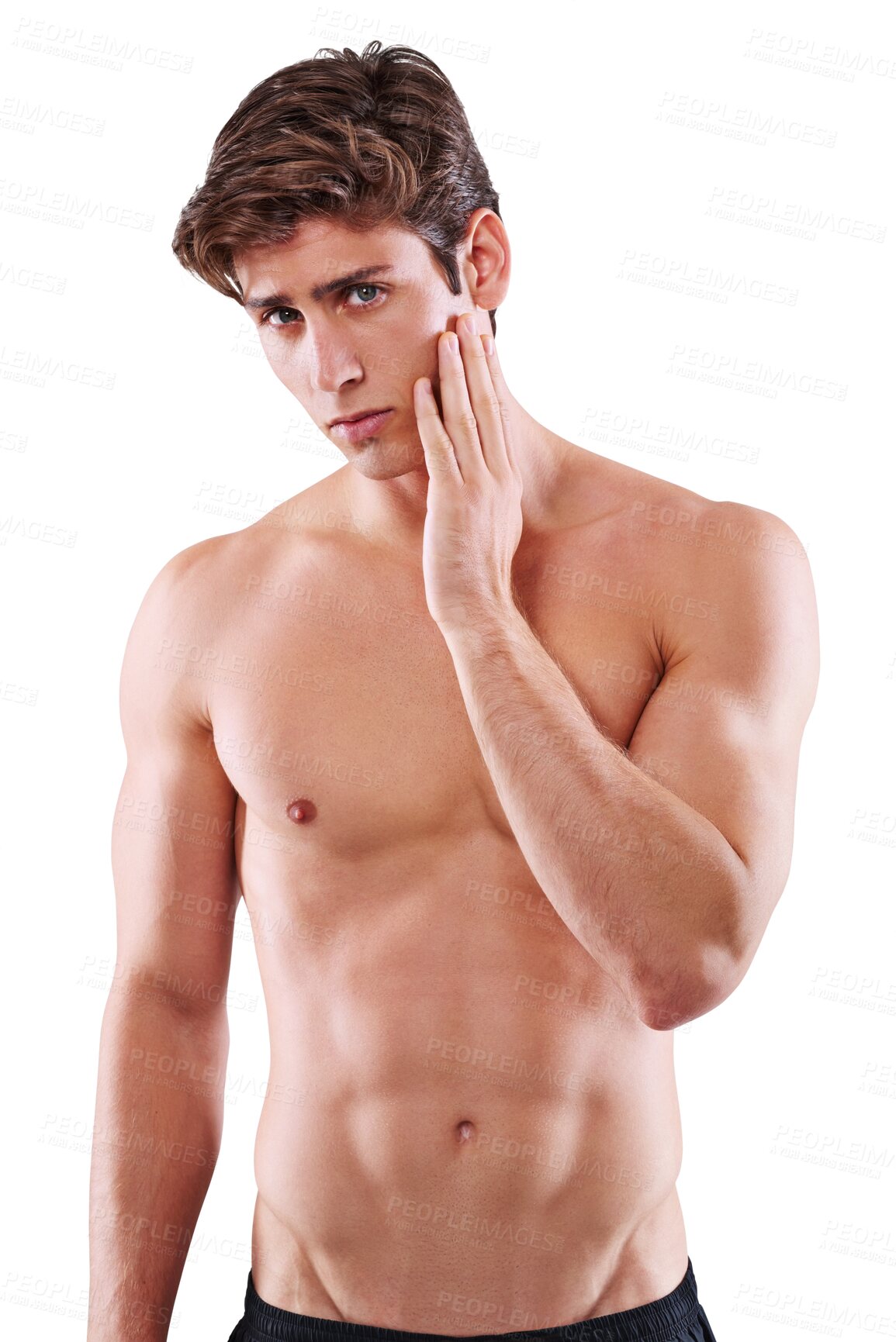 Buy stock photo Sad, skincare and portrait of a man with a problem isolated on a transparent png background. Anxiety, cosmetic wellness and a person with acne, touching face for a pimple or a facial breakout