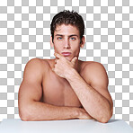 Portrait of a handsome young shirtless man posing in the studio isolated on a png background