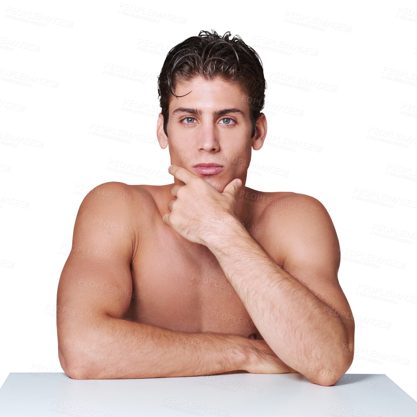 Buy stock photo Skincare, thinking and portrait of man on transparent background for shower, haircare and cosmetics. Self care, glow and morning with male model on png for wellness, spa treatment and cleaning