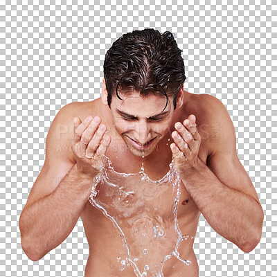 Buy stock photo Man, water and washing face for skincare isolated on transparent, png background. Aesthetic male model person shirtless and splash for cosmetics, clean facial skin and hygiene for health and wellness