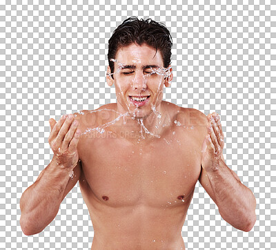 Buy stock photo Water, washing face and skincare with a man isolated on transparent, png background. Aesthetic male model person shirtless for facial splash with dermatology, clean skin and hygiene for wellness