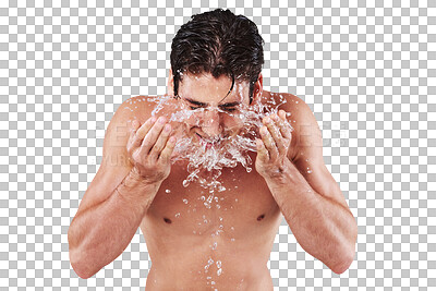 Buy stock photo Man, water splash and washing face for skincare isolated on transparent, png background. Aesthetic male model person shirtless for cosmetics, clean facial skin and hygiene for health and wellness