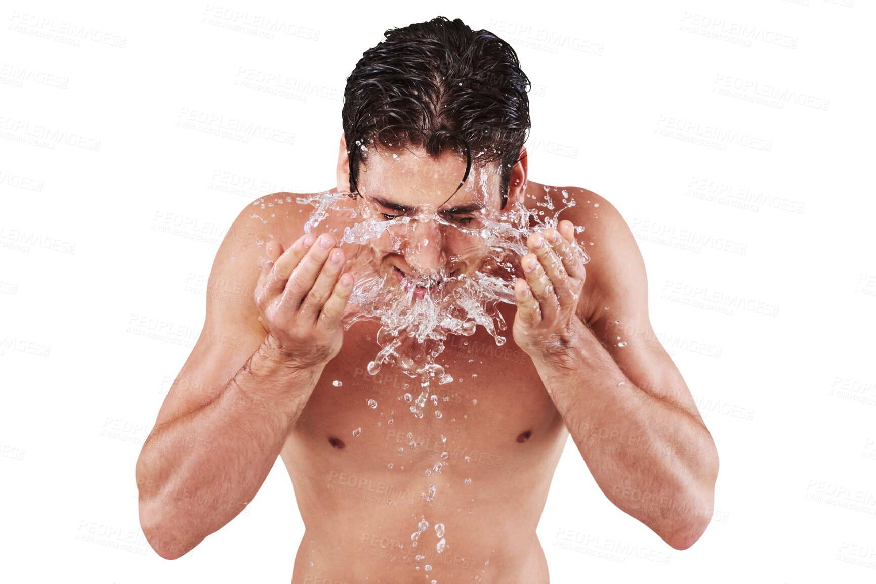 Buy stock photo Man, water splash and washing face for skincare isolated on transparent, png background. Aesthetic male model person shirtless for cosmetics, clean facial skin and hygiene for health and wellness