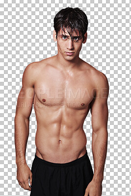 Buy stock photo Man, portrait and topless with muscular body standing in pose isolated on a transparent PNG background. Confident, handsome and attractive fit male person or young model posing shirtless with muscle