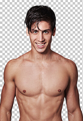 Buy stock photo Portrait, muscle and man with cosmetics, self care and bodybuilder isolated against a transparent background. Face, male person or model with confidence, fitness and dermatology with png and grooming