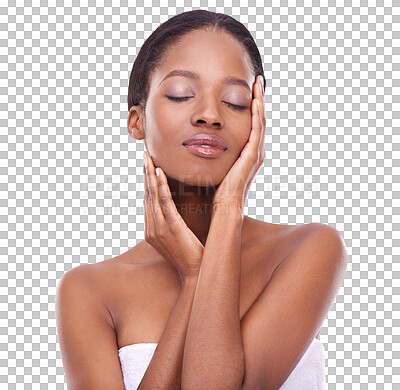 Buy stock photo Skin, care and black woman with hands on face for cosmetic, beauty or natural facial product on transparent png background. Dermatology, spa or isolated girl in salon for skincare and wellness