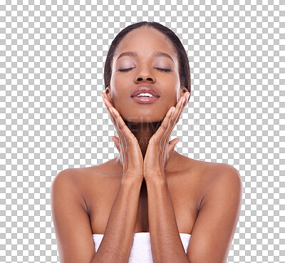 Buy stock photo Black woman, skin and care with hands on face with cosmetic, beauty or natural facial product on transparent png background. Dermatology, spa or isolated girl in salon for skincare and wellness