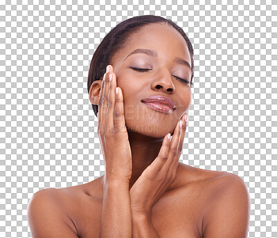 Buy stock photo Beauty, skin and black woman care with hands on face for cosmetic or natural facial product on transparent png background. Dermatology, spa or isolated girl in salon for skincare and wellness