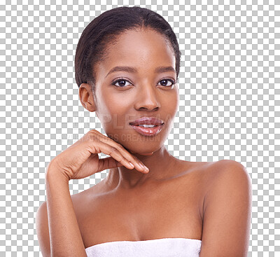 Buy stock photo Happy black woman, portrait and face for skincare, beauty cosmetics or hygiene isolated on a transparent PNG background. African female person model touching skin in satisfaction for facial treatment