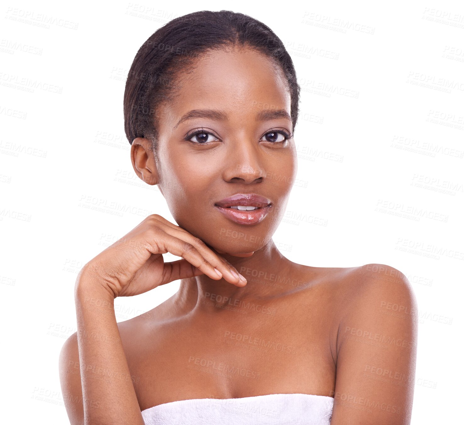 Buy stock photo Happy black woman, portrait and face for skincare, beauty cosmetics or hygiene isolated on a transparent PNG background. African female person model touching skin in satisfaction for facial treatment