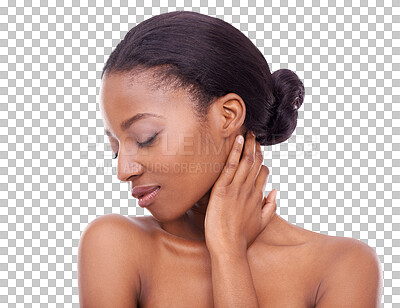 Buy stock photo Beauty, skincare and black woman with cosmetic care of skin isolated in a transparent or png background. African, cosmetics and young person or model with natural and clear glow due to dermatology