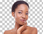 A beautiful young woman looking at the camera and touching her face isolated on a png background