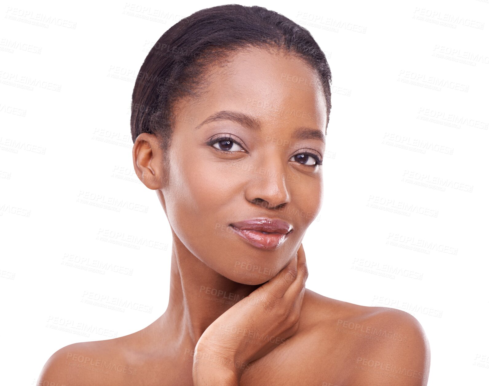 Buy stock photo Black woman, portrait and face for skincare cosmetics, beauty or hygiene isolated on a transparent PNG background. Happy African female person or young model touching skin in facial or body treatment