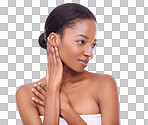 A young woman wearing a towel and looking away from the camera isolated on a png background