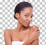 A beautiful young woman looking at the camera and touching her face isolated on a png background