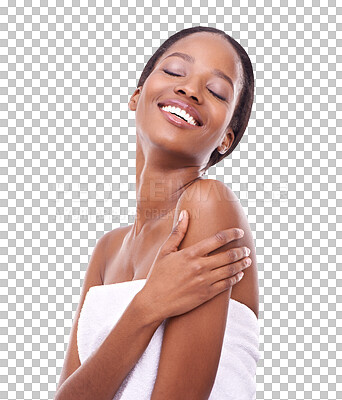 Buy stock photo Skincare, beauty and black woman with eyes closed isolated on a transparent png background. Happy, makeup cosmetics and African model with facial treatment for aesthetics, wellness and healthy skin.