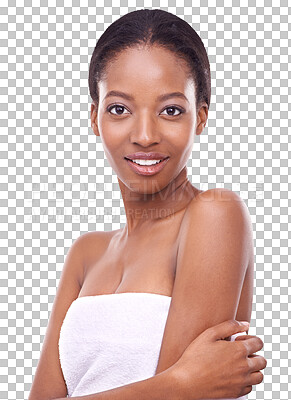 Buy stock photo Portrait, beauty and black woman with skincare, dermatology and confident girl isolated against a transparent background. Face, female person and model with grooming routine, png or pamper treatment