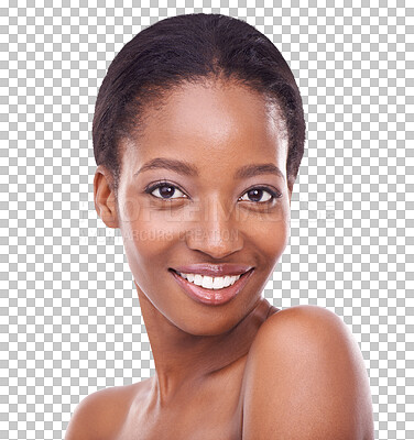 Buy stock photo Portrait, luxury and black woman with skincare, beauty and confident girl isolated against a transparent background. Face, female person or model with grooming routine, self care or png with wellness