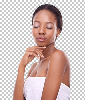 Buy stock photo Isolated black woman, makeup or eyes closed for beauty, skincare and face by transparent png background. Young African model, girl and skin health for natural glow, cosmetic or wellness for aesthetic