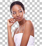 A young woman wearing a towel and looking away from the camera isolated on a png background