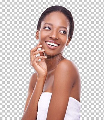 Buy stock photo Skincare, beauty and black woman with natural face routine for health, wellness and self care. Happy, smile and African female model with dermatology treatment isolated by transparent png background.