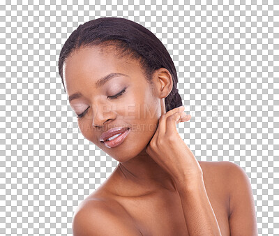 Buy stock photo Calm black woman, face and skincare cosmetics or natural beauty isolated on a transparent PNG background. Relaxed African female person or young model touching skin for facial treatment or body care