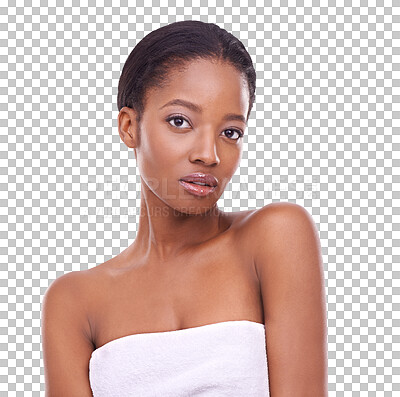 Buy stock photo Black woman, portrait and face for skincare, beauty cosmetics or hygiene isolated on a transparent PNG background. African female person or young model with towel for clean facial or body treatment