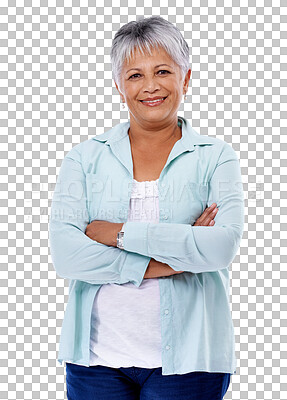 Buy stock photo Portrait of senior woman, arms crossed and isolated on transparent png background with confidence and pride. Happy mature lady, standing proud and confident with smile, happiness and casual fashion.