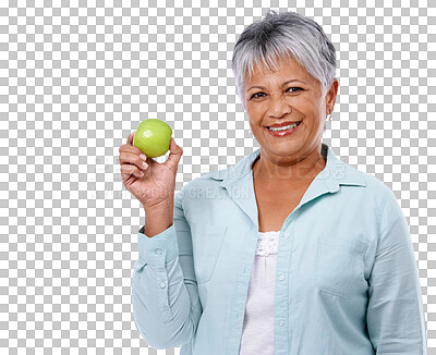 Buy stock photo Senior woman, face and apple for healthy food, diet or lifestyle isolated on a transparent, png background. Portrait of elderly female person with a fruit in hand for nutrition, wellness and health