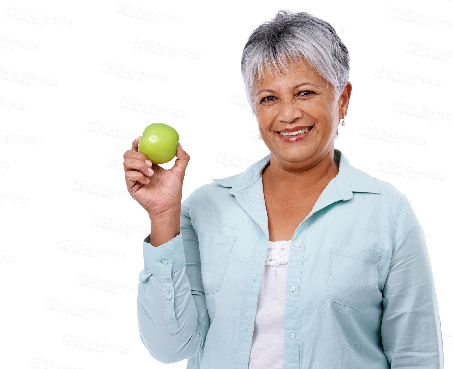 Buy stock photo Senior woman, face and apple for healthy food, diet or lifestyle isolated on a transparent, png background. Portrait of elderly female person with a fruit in hand for nutrition, wellness and health