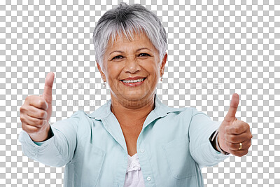 Buy stock photo Isolated senior woman, portrait and thumbs up with smile, winning or yes for goal by transparent png background. Elderly lady, winner and hands for icon, emoji or agreement with success, like or sign