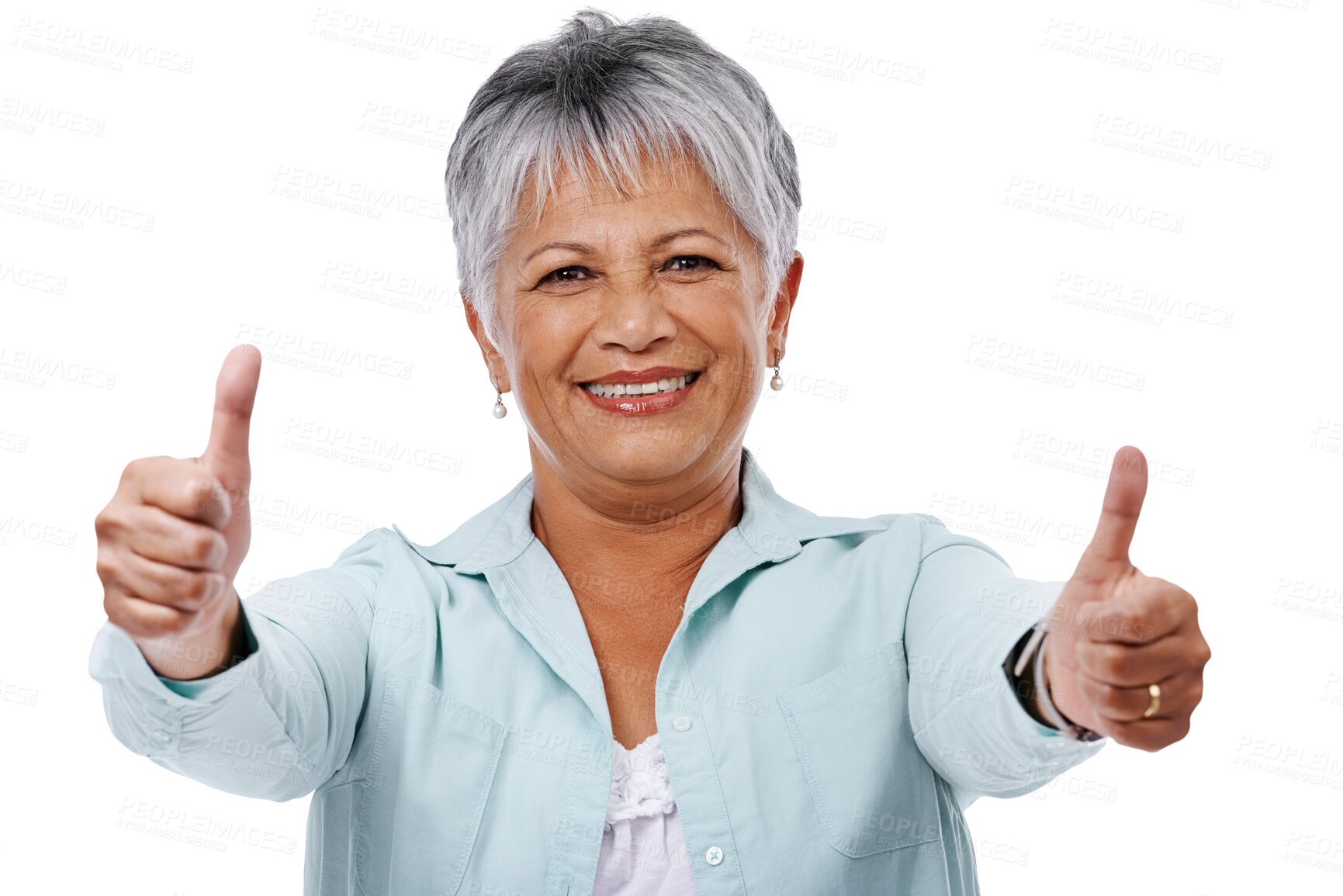 Buy stock photo Isolated senior woman, portrait and thumbs up with smile, winning or yes for goal by transparent png background. Elderly lady, winner and hands for icon, emoji or agreement with success, like or sign