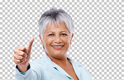 Buy stock photo Thumbs up, portrait and senior woman isolated on transparent, png background for retirement success, like or yes. Happy face of elderly person with okay hand, winning sign or emoji for life insurance