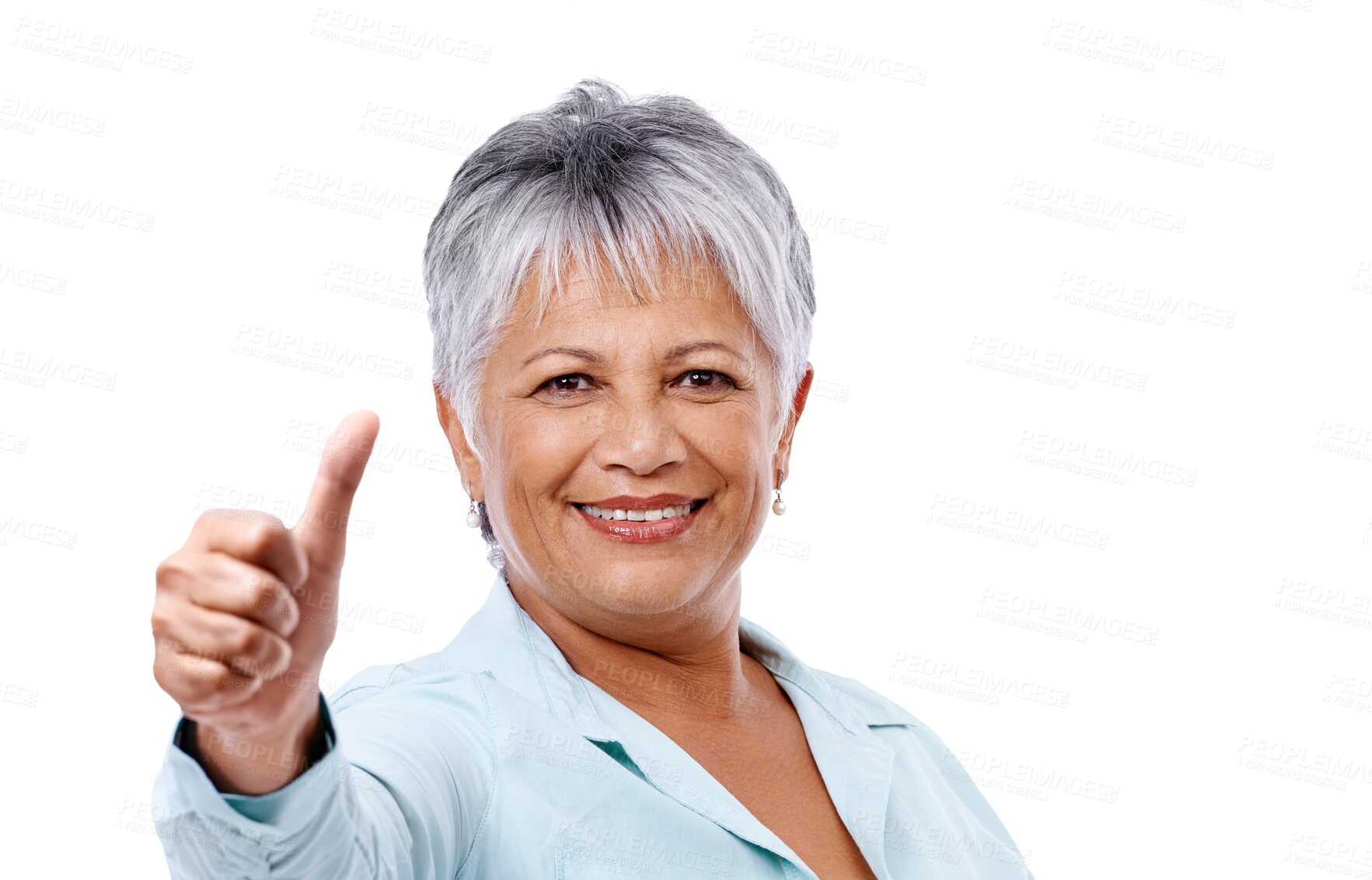 Buy stock photo Thumbs up, portrait and senior woman isolated on transparent, png background for retirement success, like or yes. Happy face of elderly person with okay hand, winning sign or emoji for life insurance