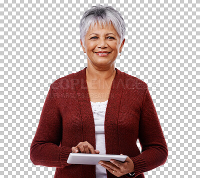 Buy stock photo Senior woman, internet and tablet isolated on a transparent, png background. Portrait of happy mature female person, technology and search for information, communication and social media with network