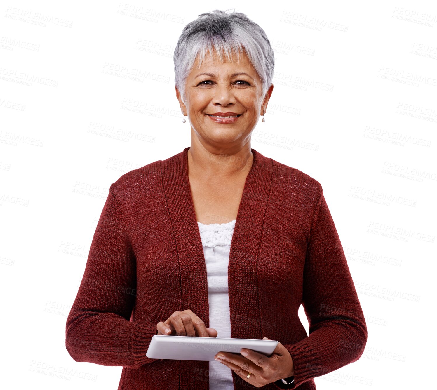 Buy stock photo Senior woman, internet and tablet isolated on a transparent, png background. Portrait of happy mature female person, technology and search for information, communication and social media with network