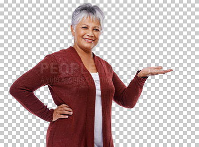 Buy stock photo Advertising, palm and portrait of a senior woman with a choice hand gesture for marketing. Happy, smile and elderly female person with decision symbol or sign isolated by transparent png background.