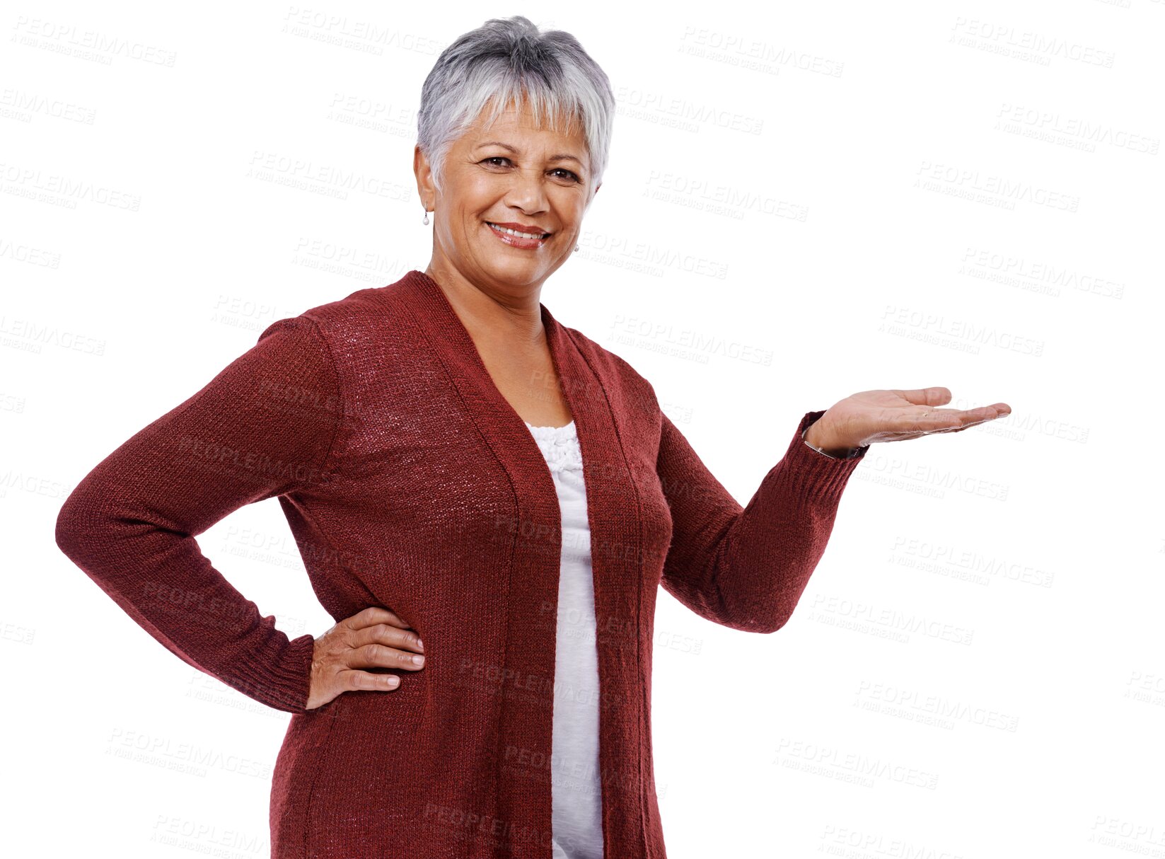 Buy stock photo Advertising, palm and portrait of a senior woman with a choice hand gesture for marketing. Happy, smile and elderly female person with decision symbol or sign isolated by transparent png background.