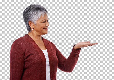 Buy stock photo Advertising, palm isolated senior woman and against a transparent png background for promotion. Marketing or branding, smile or excited and happy or cheerful elderly female person for advertisement 