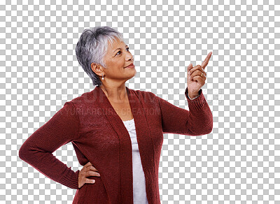 Buy stock photo Isolated senior woman, point and thinking with smile, ideas and happy by transparent png background. Elderly lady, finger and vision with review, suggestion or direction in retirement with fashion