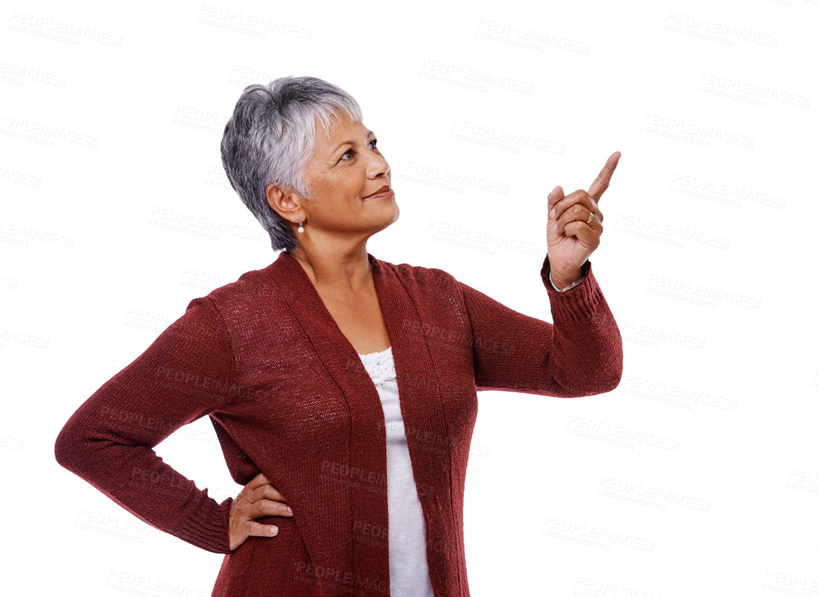 Buy stock photo Isolated senior woman, point and thinking with smile, ideas and happy by transparent png background. Elderly lady, finger and vision with review, suggestion or direction in retirement with fashion