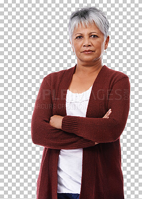 Buy stock photo Portrait of serious mature woman, arms crossed and isolated on transparent png background with confidence and pride. Senior lady, standing proud and confident with tough expression and casual fashion