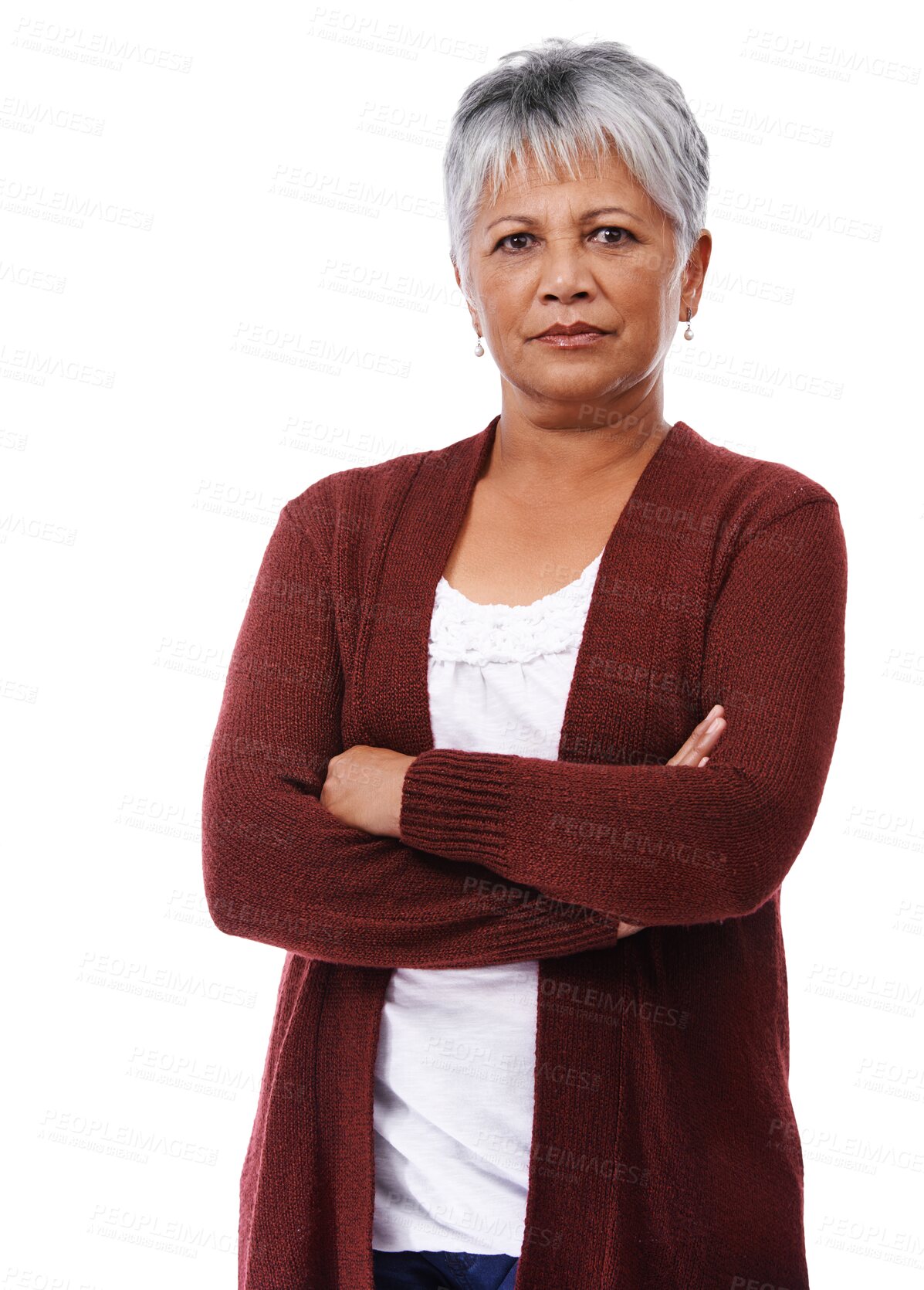 Buy stock photo Portrait of serious mature woman, arms crossed and isolated on transparent png background with confidence and pride. Senior lady, standing proud and confident with tough expression and casual fashion