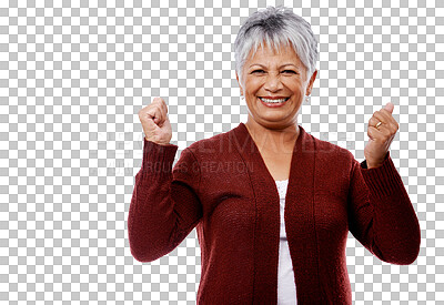 Buy stock photo Happy, senior woman and portrait of celebration, announcement or excited for news or offer png. Elderly person, face and smile for success or winning in retirement on isolated, transparent background